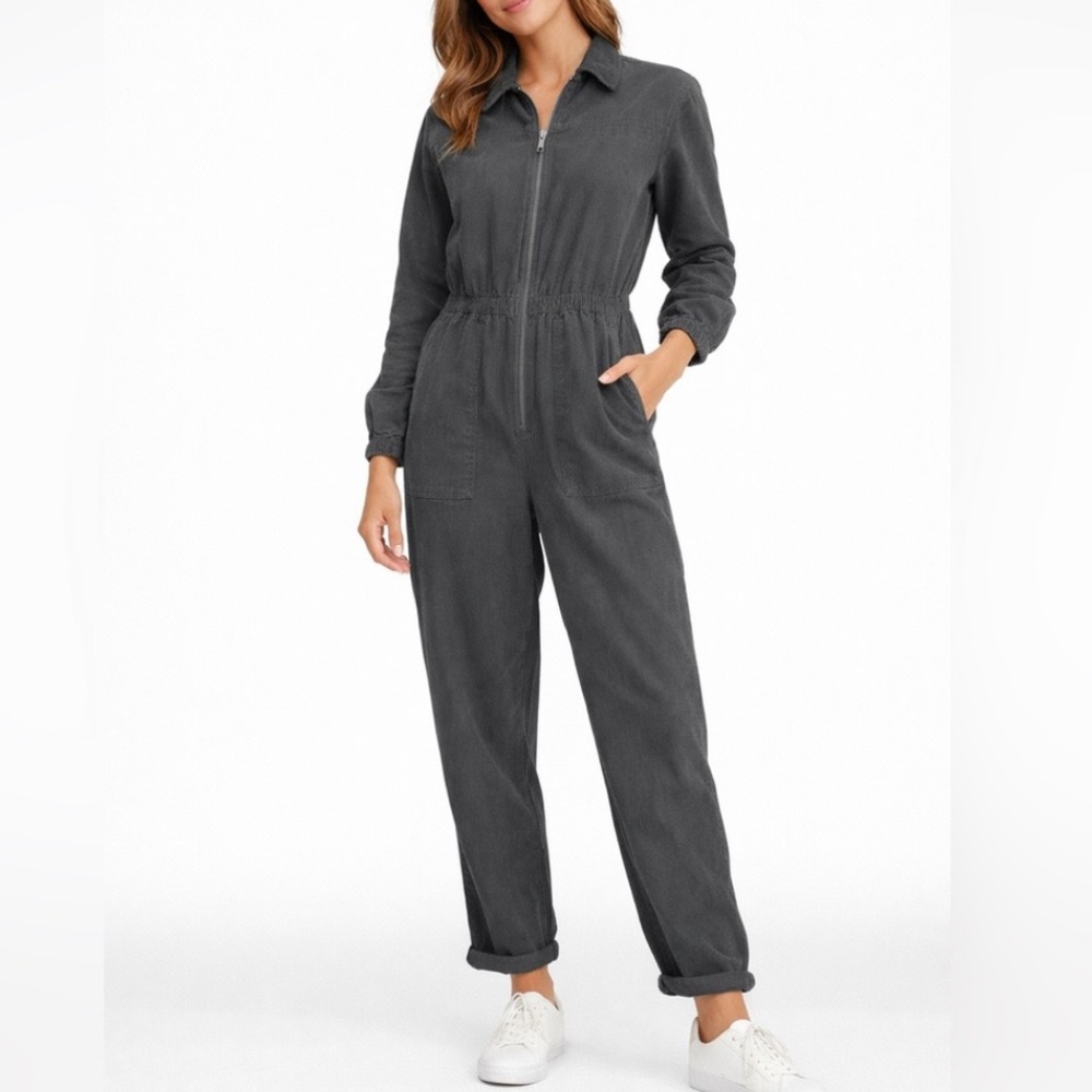 Aerie Corduroy Jumpsuit Boiler Suit Dark Grey XL Long Sleeve Cotton Zip Front